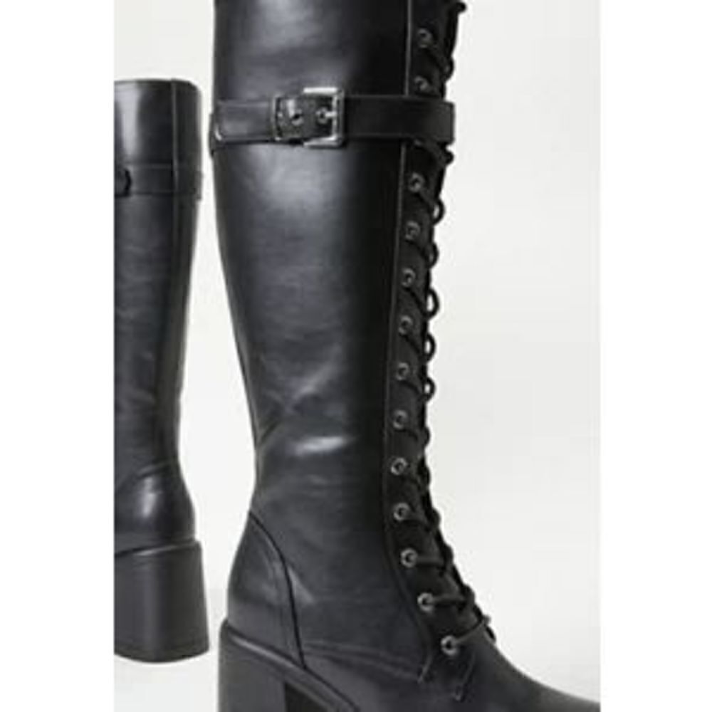 Lace-Up Boot Womens Casual Black Leather Combat Chunky Heel Shoe New - Picture 6 of 7